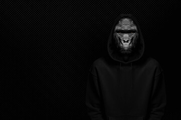 Black and white collage - a man with a gorilla head. Portrait of a gorilla in a black sweatshirt...