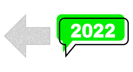 Misplaced 2022 green text frame and arrow left wireframe composition. Vector 2d arrow left, built from triangles. Green conversation includes 2022 tag inside black frame, and colored balloon.