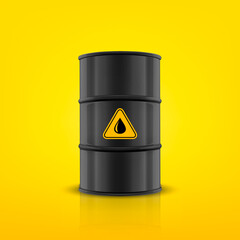 Vector 3d Realistic Black Simple Glossy Enamel Metal Oil, Fuel, Gasoline Barrel on Yellow Background. Design Template of Packaging for Mockup. Front View
