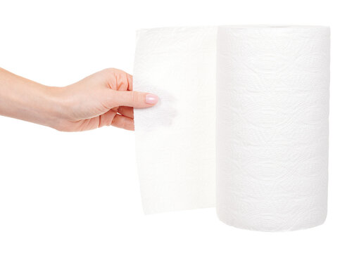 Hand with roll of paper towel isolated on white background.