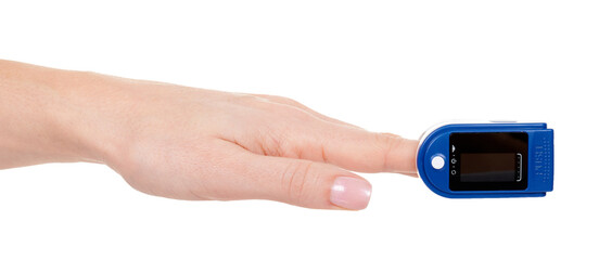 Hand with medical oximeter isolated on white background.