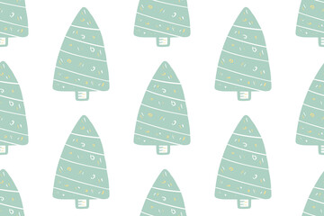Hand-drawn Christmas tree. Cartoon illustration with Christmas and New year decorations, stars. Doodle seamless pattern isolated on background. For your fabric, textile design, wrapping paper