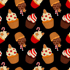 Seamless pattern with Christmas colorful cupcakes with cream and xmas decor on a black background. Vector