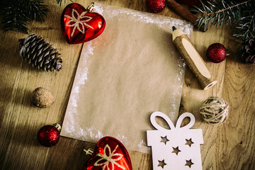 Christmas blank card on wooden background. retro style.