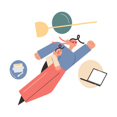 Father in superhero costume flying with child on body, thinking about housework, office work and feeding kid