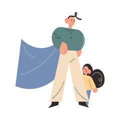 Father in superhero costume standing and covering little daughter with big leg