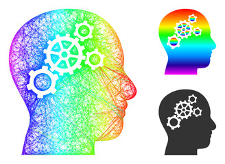 Spectral colored net brain gears, and solid spectral gradient brain gears icon. Crossed frame flat network abstract symbol based on brain gears icon, is created with crossed lines.