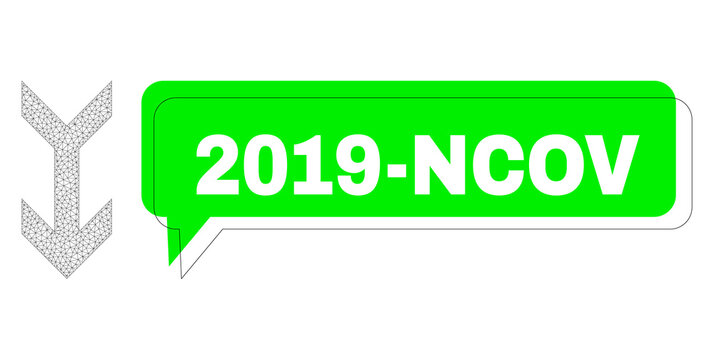 Shifted 2019-Ncov green chat banner and arrow down mesh model. Vector flat arrow down, designed with flat mesh. Green chat has 2019-Ncov tag inside black frame, and color cloud.
