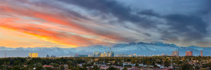 Washable wall murals Las Vegas Las Vegas skyline with snow capped mountain in winter