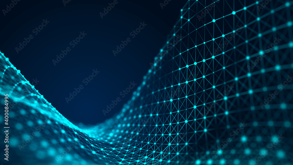 Poster Connected polygons in a geometric background. Cybernetic particles network connection 3d rendering.