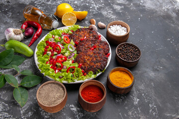 front view delicious meat cutlets with fresh salad on grey background photo meal dish food