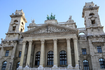 View of the ethnographic museum in Budapest in winter. Snow in Budapest. Soon New Year and Christmas.