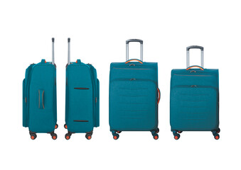 Photo of blue soft suitcase in two dimensions, front and side position with handle on white background