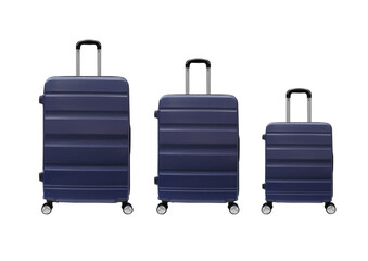 Photo of dark blue hard plastic suitcase in three dimensions and front position on white background
