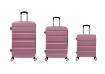 Photo of pink hard plastic suitcase in three dimensions and front position on white background