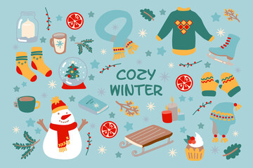 Hand-draw vector illustrations. Cozy cut winter set:  sweater, hat, cup, skates, sleds, candles, mittens, socks, scarf, book, snow globe, orange. Cartoon doodle style.