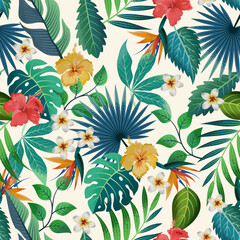 Seamless pattern with tropical beautiful strelitzia flowers and leaves exotic background. - obrazy, fototapety, plakaty