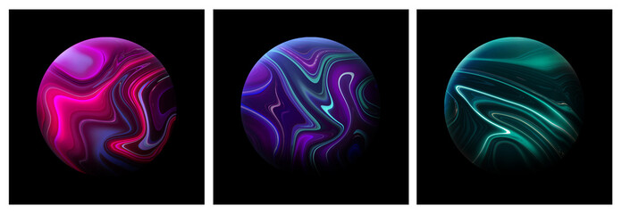 background collection 3d illustration of cosmos planets with liquid digital art texture in dark space with beautiful colors of universe