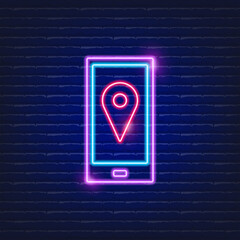 Mobile phone and Geo location neon icon. Graph on tablet display neon sign. Geo location and technology concept.