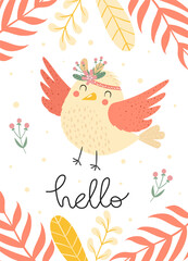 Cute vector bird with flowers, branches, leaves and lettering.  Floral frame. Hand drawn isolated baby bird.  Childish vector illustration.  Can be used for nursery poster,  greeting card. 