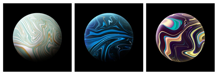 background collection 3d illustration of cosmos planets with liquid digital art texture in dark space with beautiful colors of universe