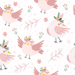 Nahtloses Muster mit schönen süßen kleinen Vögeln mit Blumen und Zweigen. Girly mit Blumenhintergrund mit Vögeln. Rosa Farben. Kindisch, gezeichnete Vektorillustration des Babys mit glücklichen Vogelcharakteren.