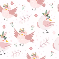 Tuinposter Voor haar Naadloze patroon met mooie schattige vogeltjes met bloemen en takken. Bloemen girly achtergrond met vogels. Roze kleuren. Kinderachtig, baby hand getekende vectorillustratie met vrolijke vogel tekens.