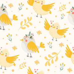 Obraz premium Seamless pattern with lovely cute little birds with flowers and branches. Floral background with birds. Yellow colors. Childish, baby hand drawn vector illustration with happy bird characters. 