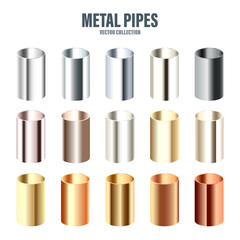 Steel and copper pipes collection. Construction material. Polished metal texture. Silver gradient. Vector illustration.