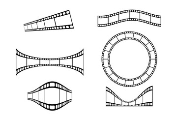 The film strips are curved, wavy and rounded. Vector design elements. Isolated background.