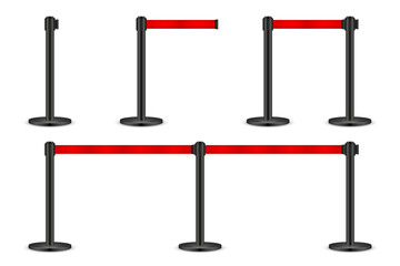 Realistic vector retractable belt stanchion. Crowd control barrier posts with caution strap. Queue lines. Restriction border and danger tape. - obrazy, fototapety, plakaty