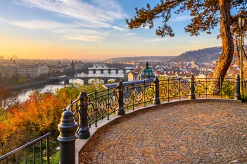 Tuinposter Prague Bridges in sunny autumn morning © pyty