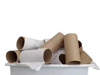 A collection of empty cardboard toilet paper tubes are displayed, at the top of a small garbage bin, set against a solid white background and with room for copy or text space above.