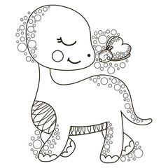 A cute black and white of little smiling brontosaurus and a butterfly are facing each other. Cartoon outline dinosaur. Illustration on the theme of friendship, love and joy for coloring page. Vector.