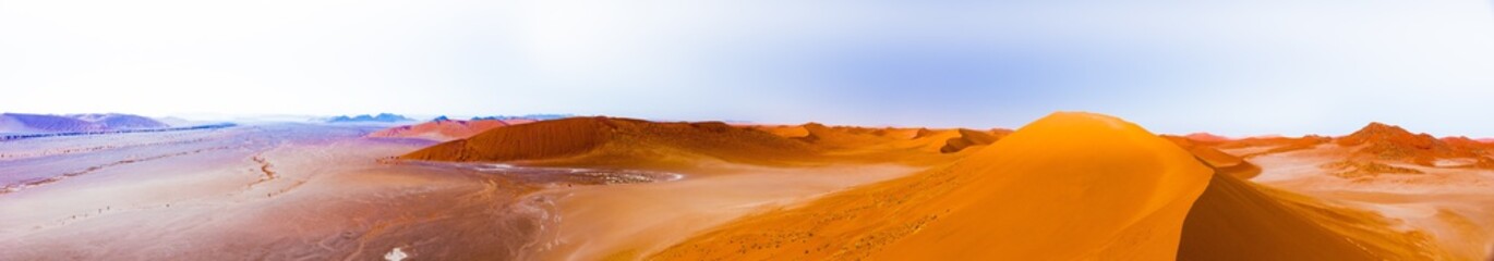 Fototapeta na wymiar Pano view from top of a dune in Namib Naukluft Park - Sesiem - Sossusvlei