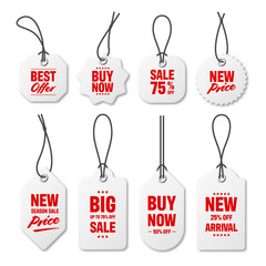 Realistic price tags collection. Special offer or shopping discount label. Retail paper sticker. Promotional sale badge. Vector illustration.