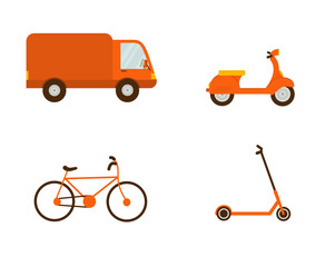 Set of vehicles. Transportation for delivery. A retro vintage motorbike, a delivery truck, ecological bicycle and electric scooter. Collection of vector flat illustration isolated on white.