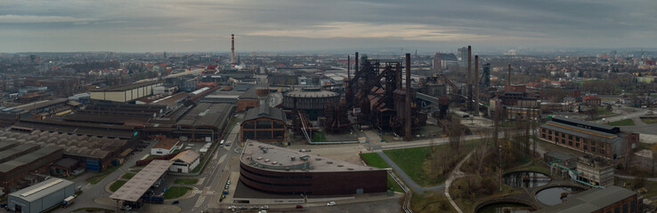 Aerial drone panorama of Vitkovice mining region or industrial corner in Ostrava on a dull gray...