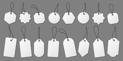 Realistic white price tags collection. Special offer or shopping discount label. Retail paper sticker. Promotional sale badge. Vector illustration.