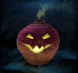 An illustration of a spooky halloween turnip lantern