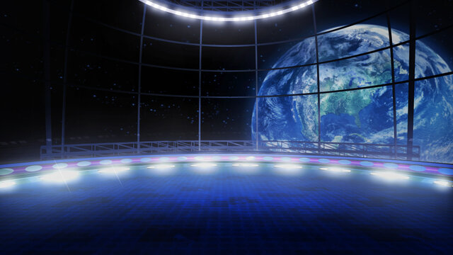 Trip to space concept virtual show stage background, ideal for tv shows, commercials or events. A 3D rendering, suitable on VR tracking system sets, with green screen