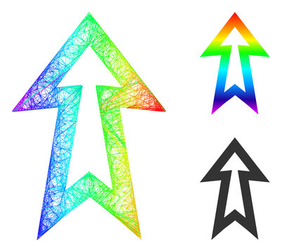 Spectral colorful wire frame arrow up, and solid spectral gradient arrow up icon. Wire carcass flat network abstract image based on arrow up icon, generated with intersected lines.