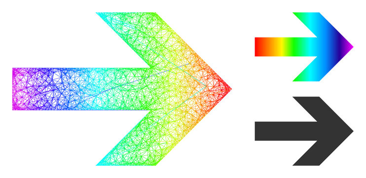 Spectral colored net arrow right, and solid spectral gradient arrow right icon. Crossed carcass 2D net geometric image based on arrow right icon, is created with intersected lines.
