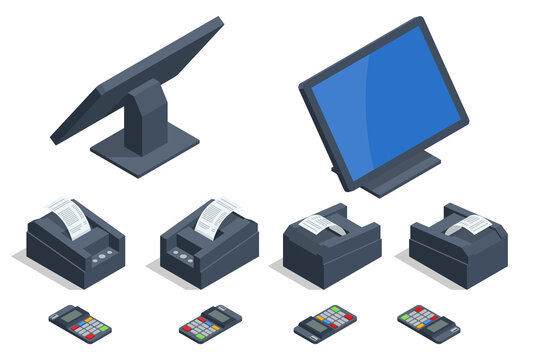 Isometric set of Shop Cash Register Equipments. Modern Tablet POS Terminal with Barcode Scanner and Receipt Printer.