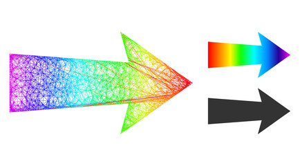 Rainbow colorful crossing mesh arrow right, and solid rainbow gradient arrow right icon. Crossed frame 2D net abstract symbol based on arrow right icon, generated from crossed lines.