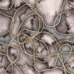Seamless minimalist abstract watercolor paint filled naive shapes and gold curves. High quality seamless repeat raster pattern. Organic round curvy shapes and lines. Sparkly gold foil accent. 
