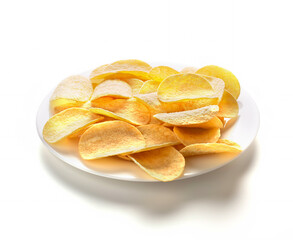 potato chips on a white plate and white background. copy space.