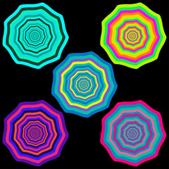 A set of abstract multicolored burst shapes.