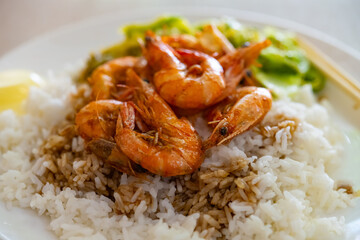 angle view fast food shrimp with cabbage and rice horizontal composition