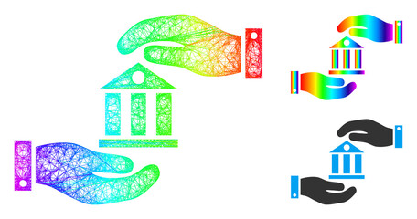 Rainbow colorful wire frame bank service, and solid rainbow gradient bank service icon. Wire frame 2D network geometric symbol based on bank service icon, is created with crossing lines.